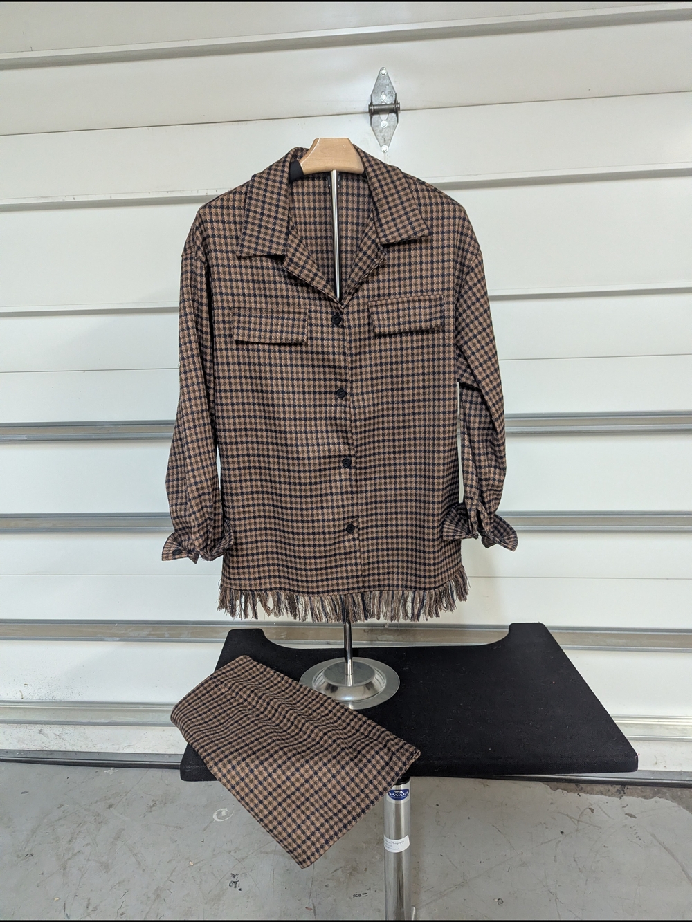 SHEIN Brown & Black Checked Fringe Hem Skirt Set